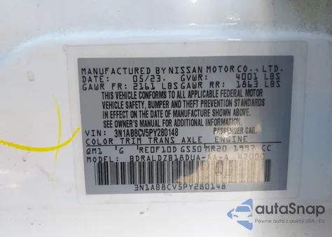 2023 Nissan Sentra Sv Xtronic Cvt z USA, uszkodzony, nr VIN 3N1AB8CV5PY280148